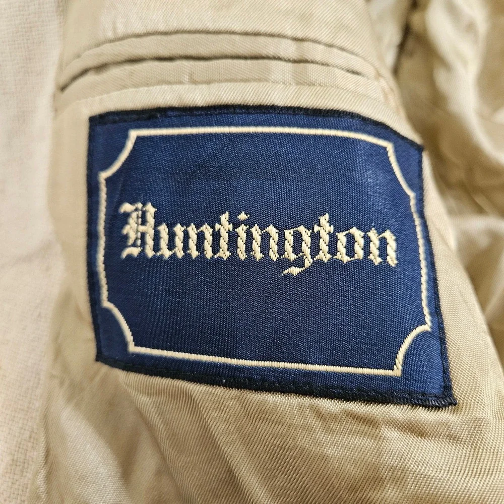 Huntington Mens Hopsack Blazer 3-Button Sport Coat Beige Made in USA Vintage 42S